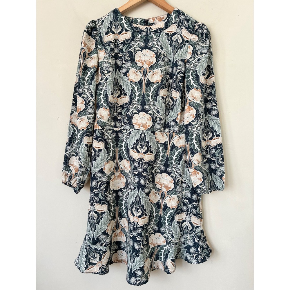 LOFT Petite Floral Long Sleeve Mini Dress Teal Cream Ruffle Hem Garden 6P